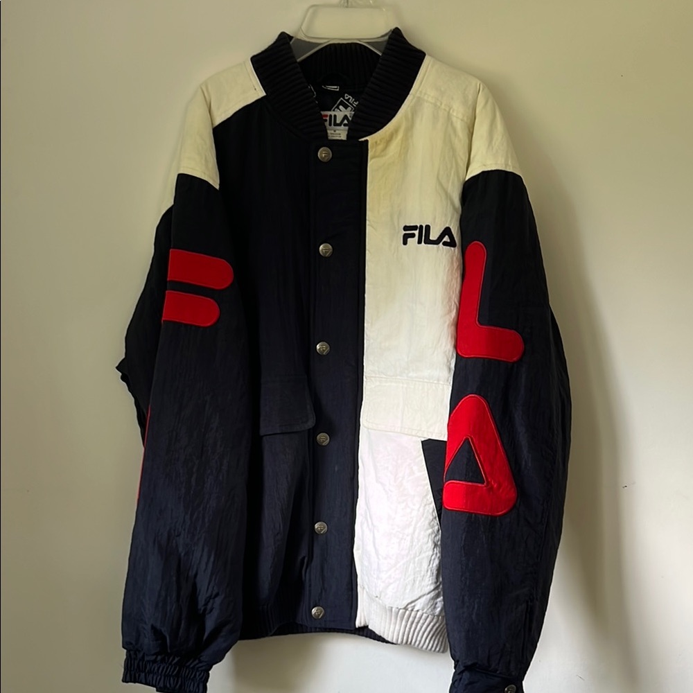 Vintage FILA Men's Black, White, and Red Bomber Jacket